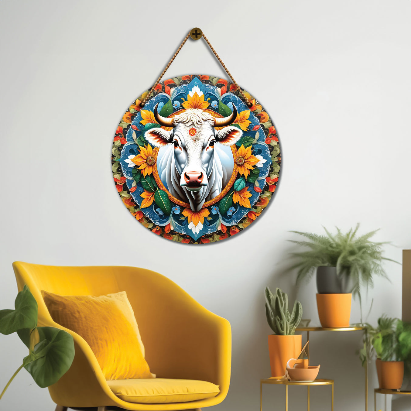 Cow in yellow and blue mandala Round Wooden Wall Hanging for wall Décor - Design - 223