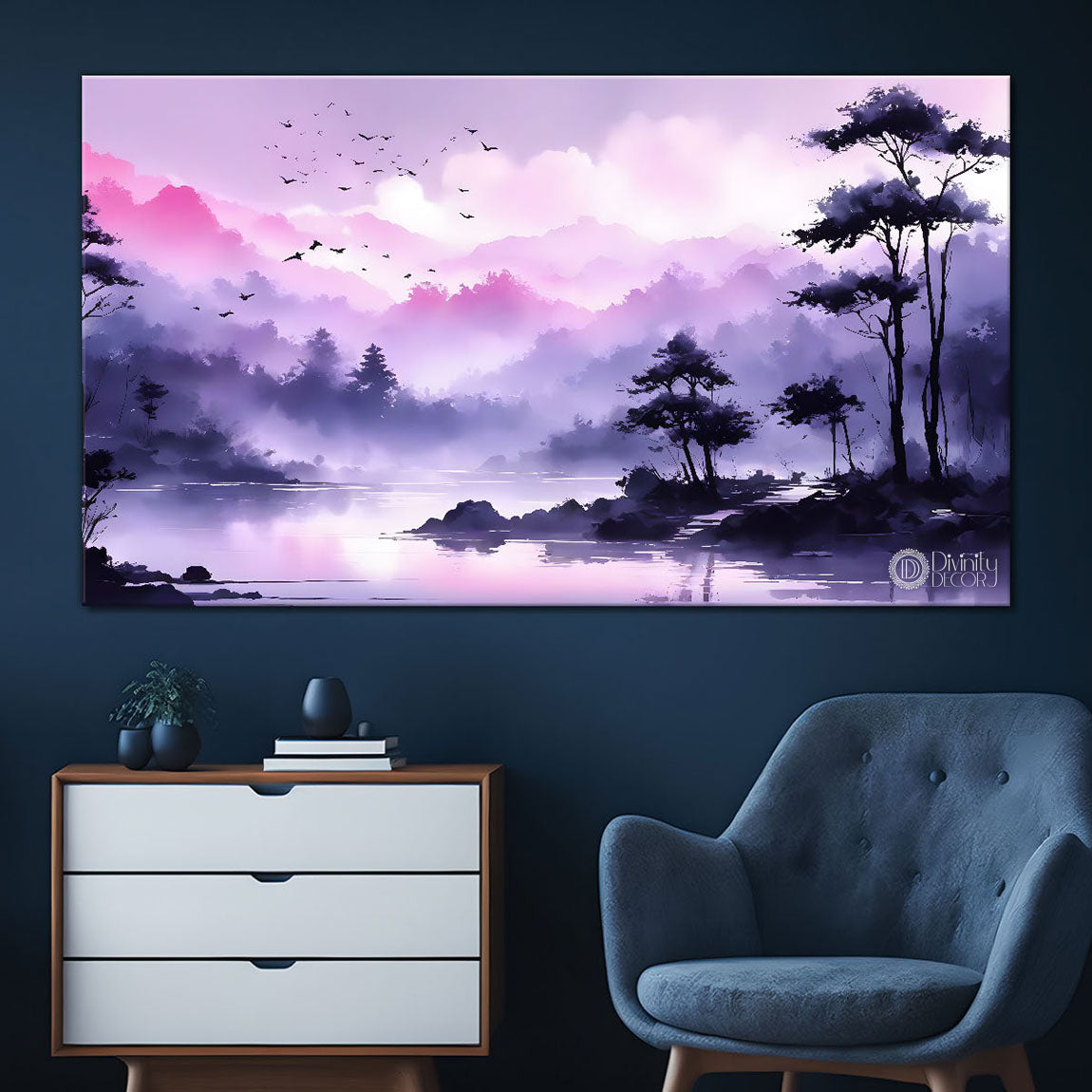 Mountains with trees with purple water color painting Canvas Painting - Nature Art -223