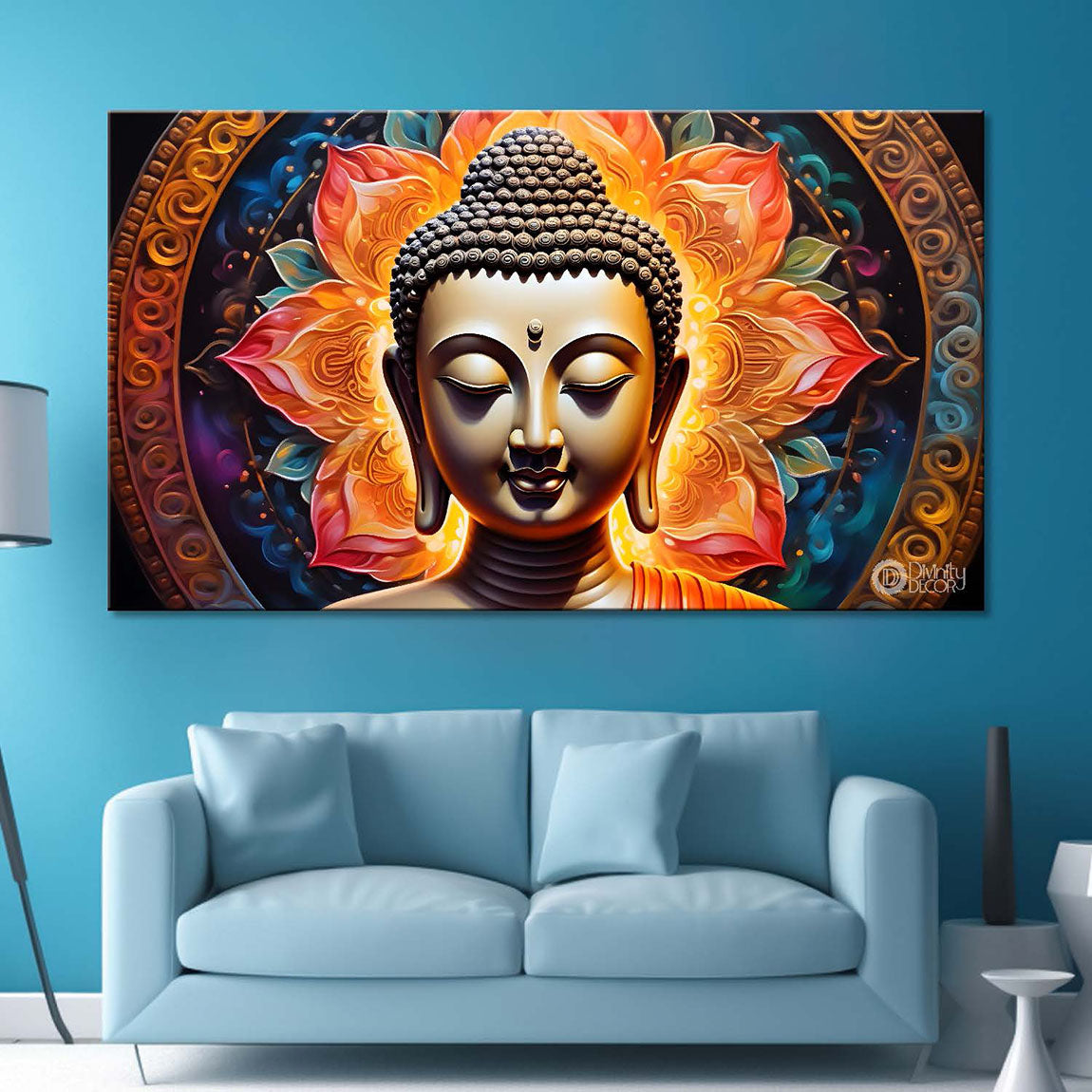 Golden buddha with orange  textured background painting Canvas Wall Painting - Buddha-224