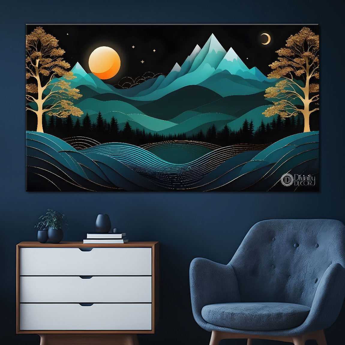 Green mountains with golden moon and trees Canvas Painting - Nature Art -224
