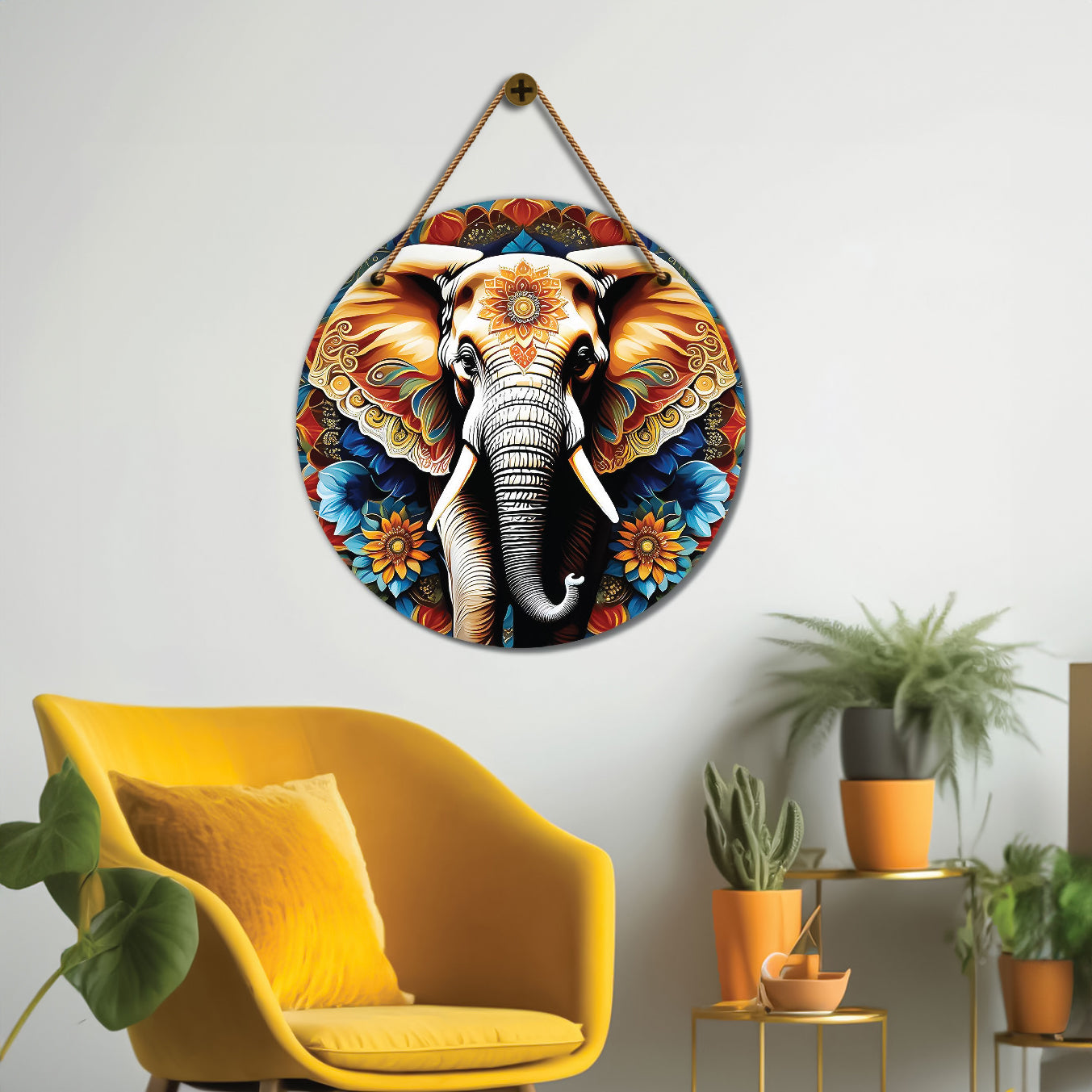 Elephant in blue and golden mandala Round Wooden Wall Hanging for wall Décor - Design - 224