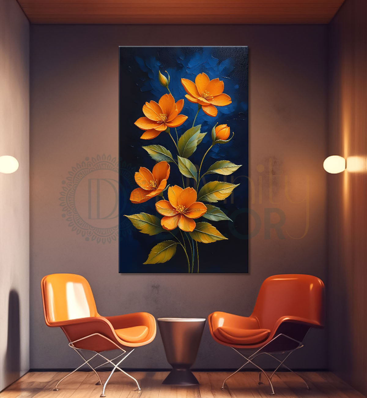 Orange flowers in navy blue textured painting- Flower-V-224