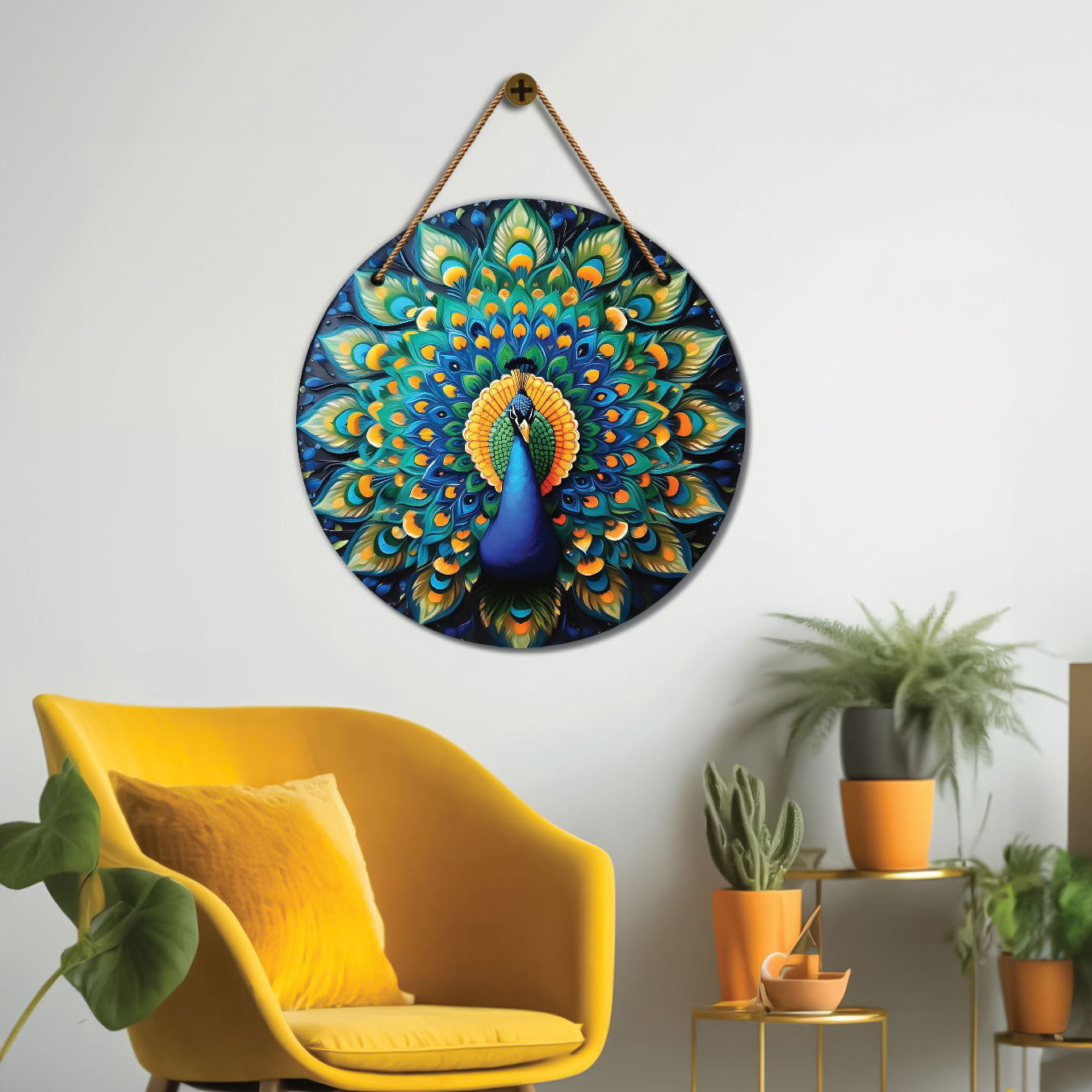 Peacock in green and yellow mandala Round Wooden Wall Hanging for wall Décor - Design - 225