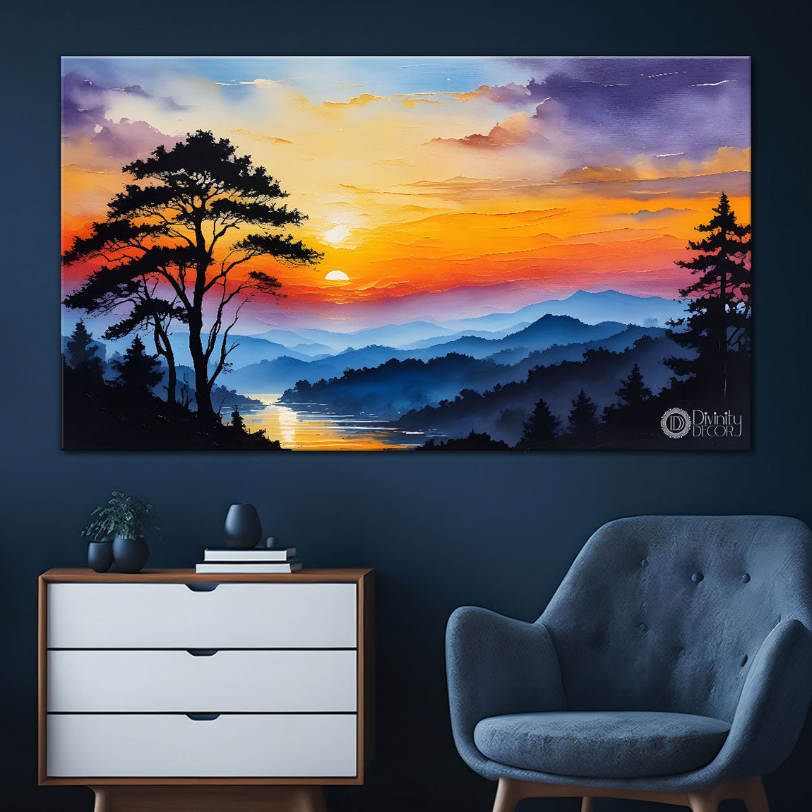 Mountains with tree and sunset painting Canvas Painting - Nature Art -225