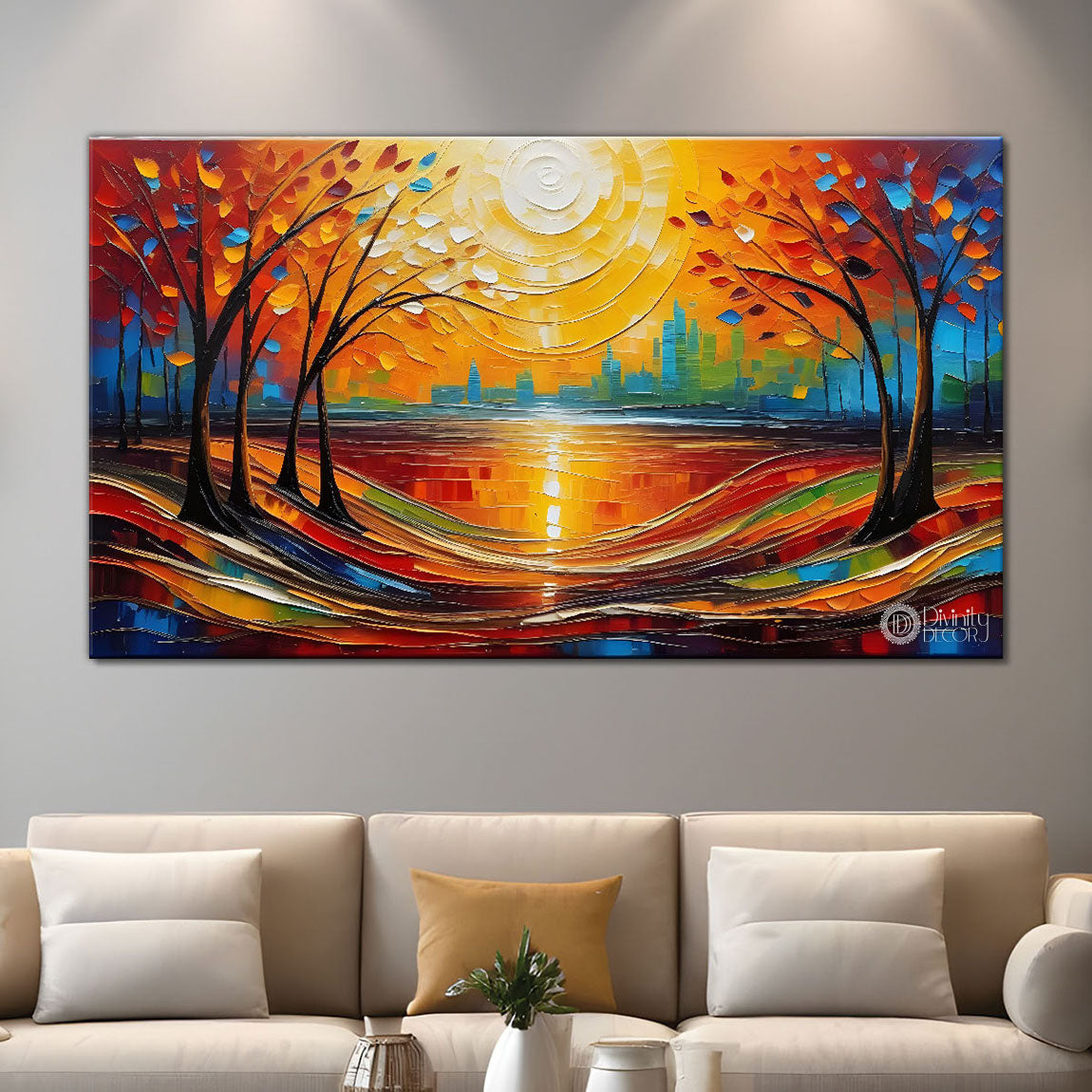 Colorful trees in sunrise background textured modern art Canvas Painting - Design - Modern-L-226