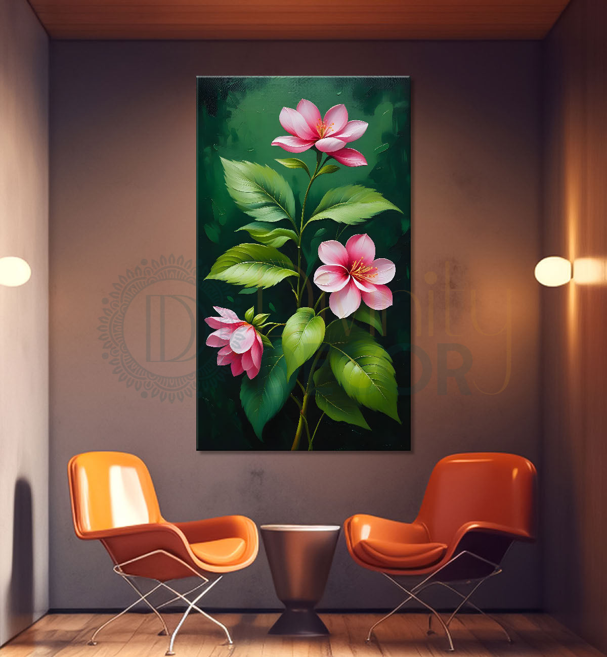 Pink flowers in green textured background painting- Flower-V-226