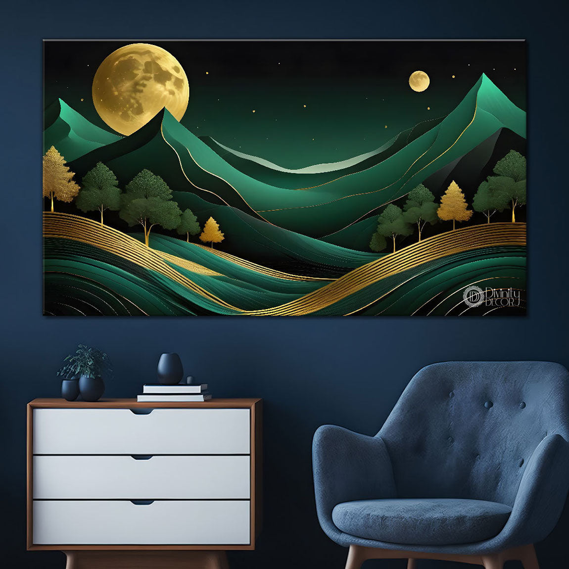 Green mountains with golden moon and trees Canvas Painting - Nature Art -226