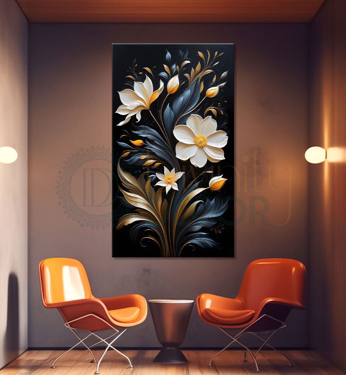 White flowers in brown textured painting- Flower-V-227