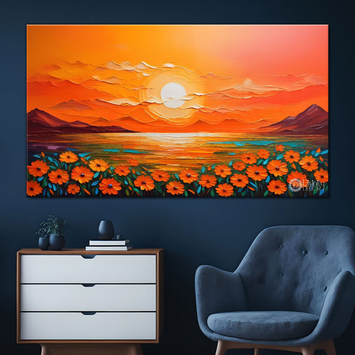 Mountains with flowers and sunset painting Canvas Painting - Nature Art -228