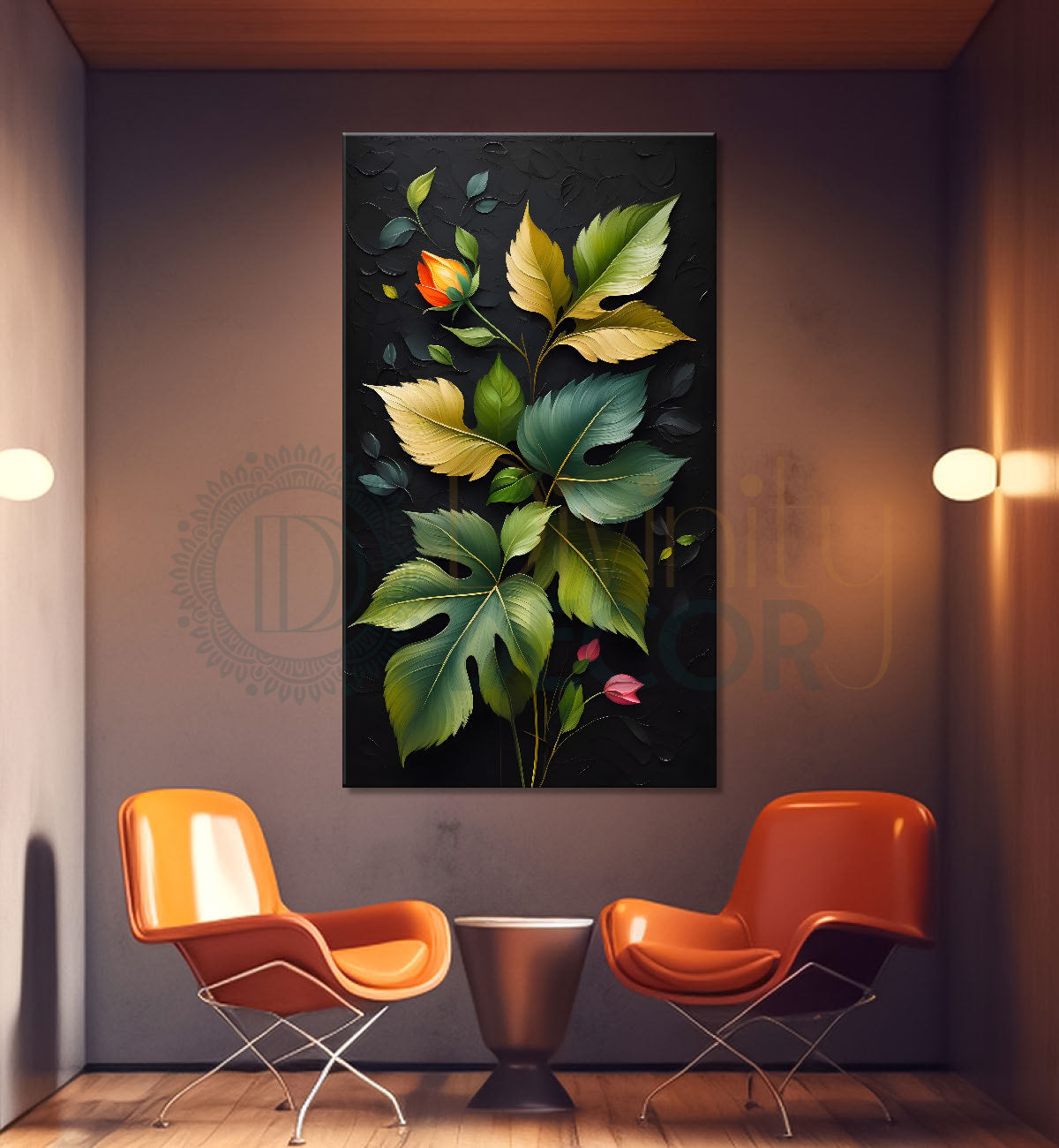 Orange and green leaves textured dark painting- Flower-V-228