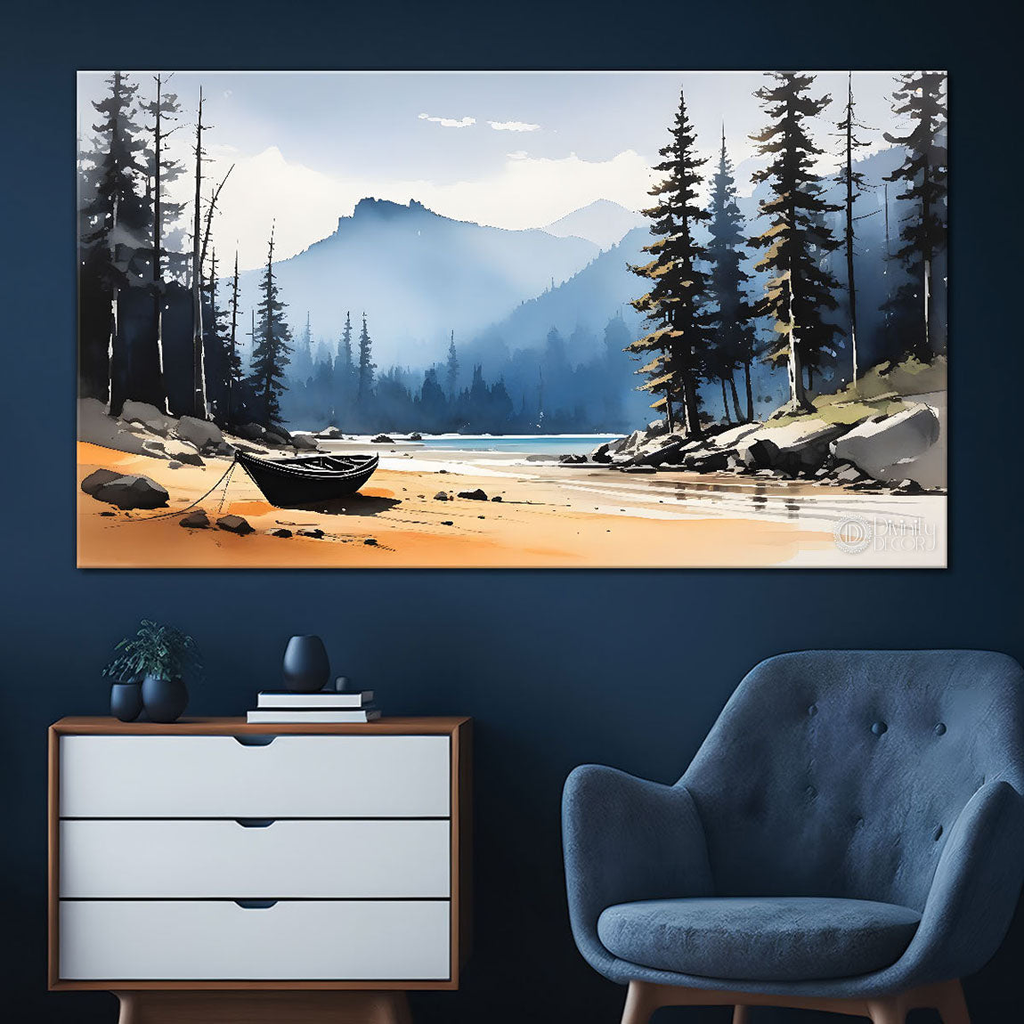 Mountains with trees water color painting Canvas Painting - Nature Art -229