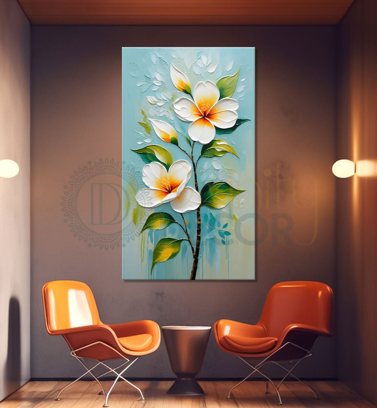 White flowers in sky blue textured background painting- Flower-V-229