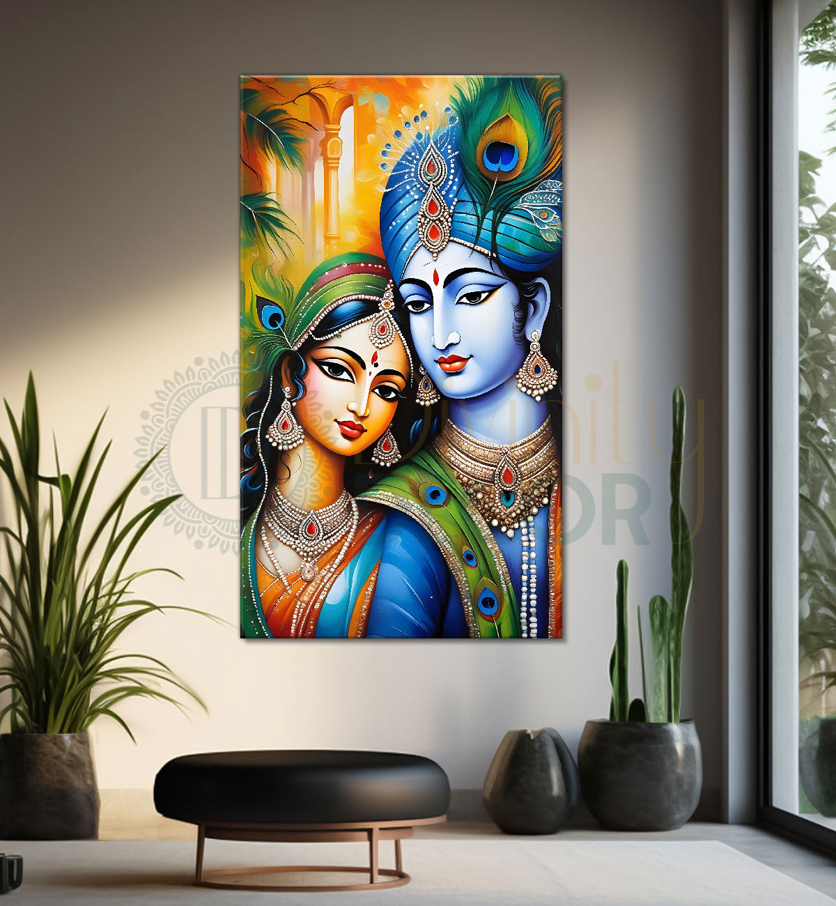 Blue face of krishna with radha in yellow background textured art Canvas Painting - Design - Krishna-V-22