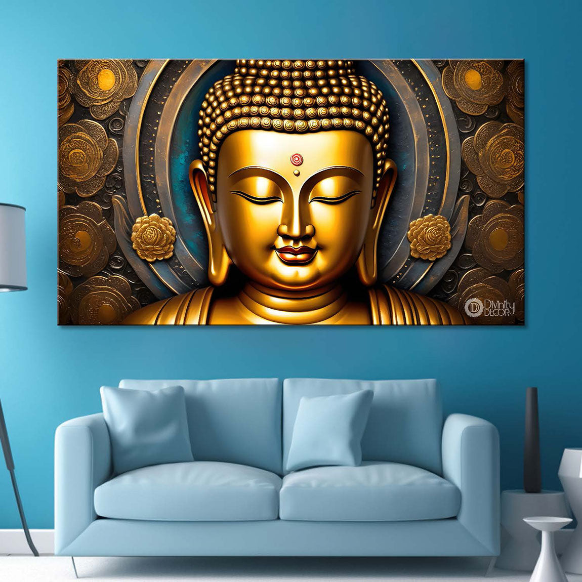 Golden buddha with green textured background painting Canvas Wall Painting - Buddha-231