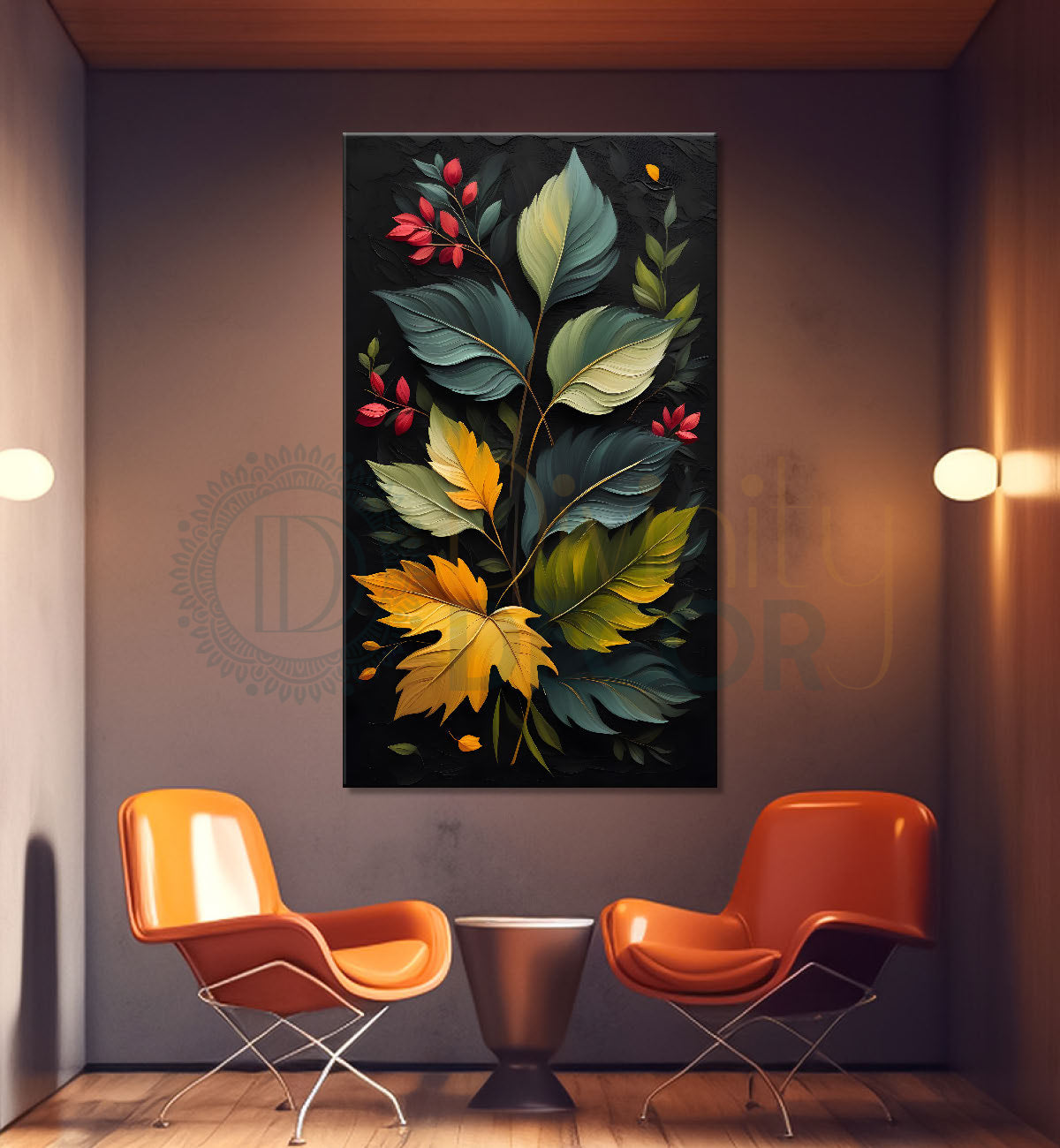 Red and green leaves textured dark painting- Flower-V-231