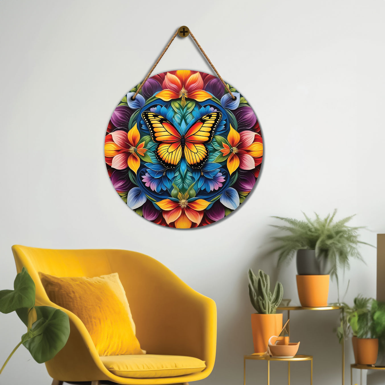 Butterfly in orange and purple mandala Round Wooden Wall Hanging for wall Décor - Design - 231