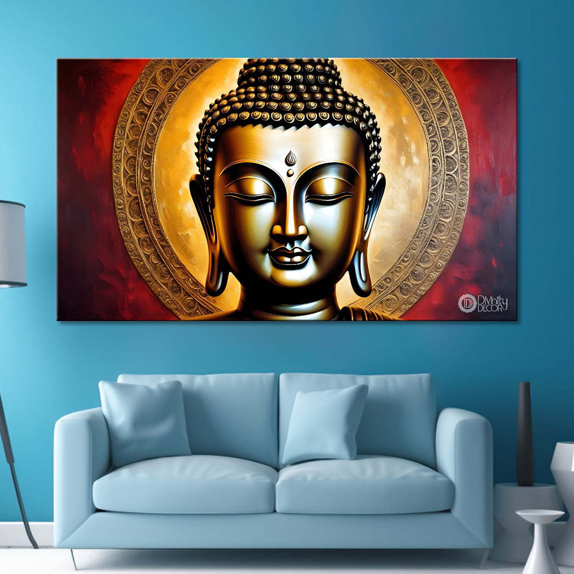 Golden buddha with red textured background painting Canvas Wall Painting - Buddha-232