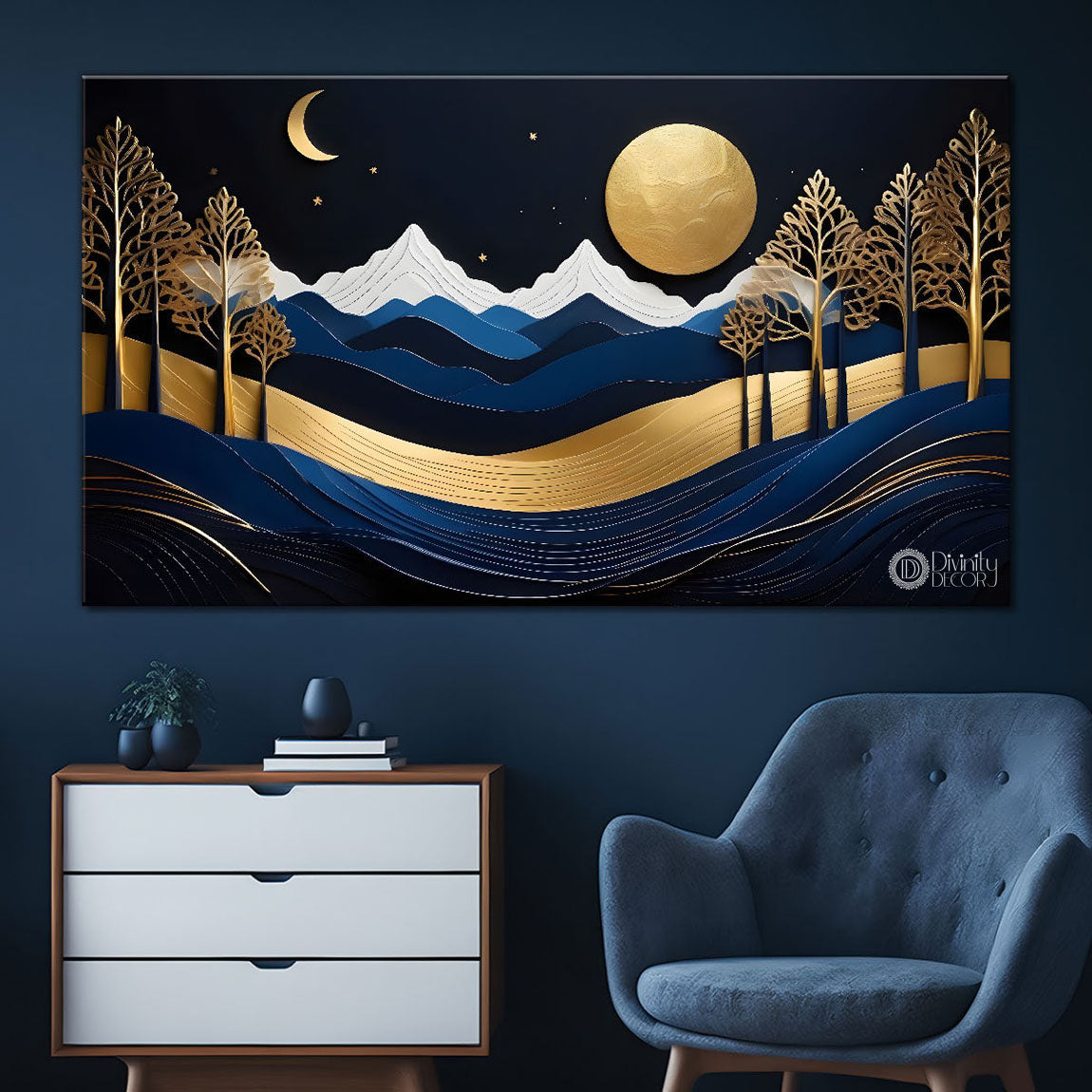 Blue mountains with golden moon and tree Canvas Painting - Nature Art -232