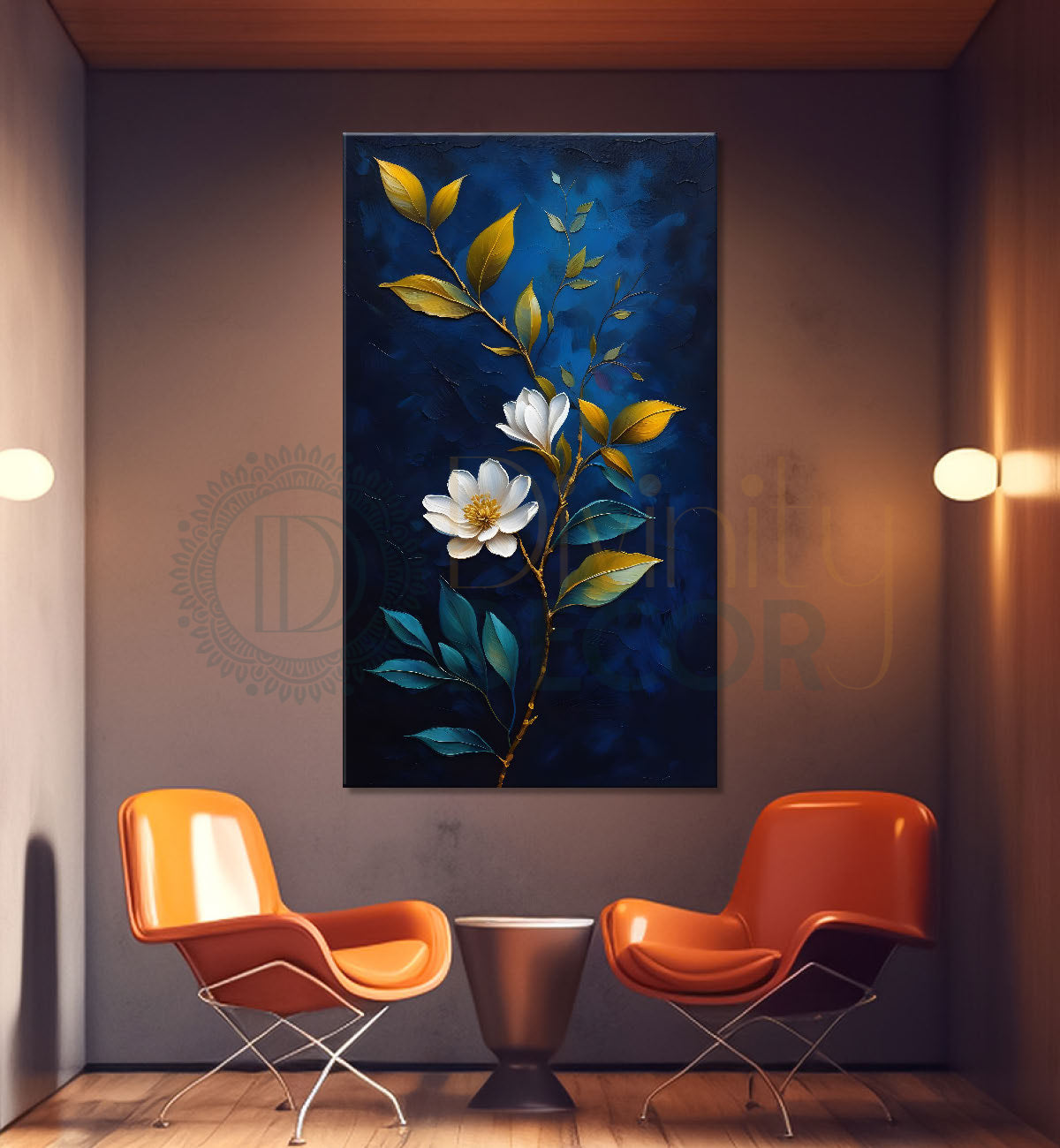 White flowers in navy blue textured painting- Flower-V-232