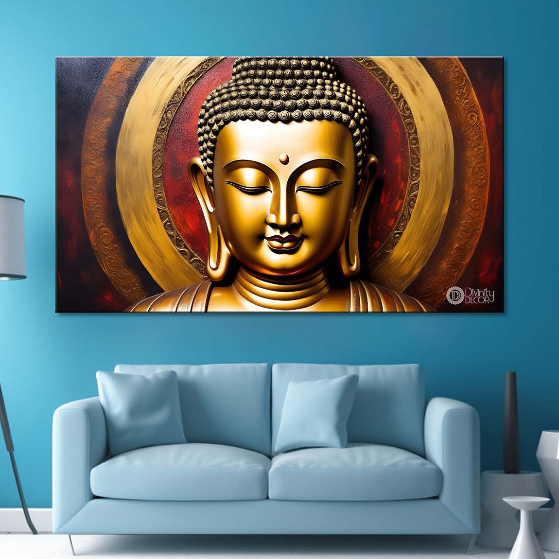 Golden buddha with red textured background painting Canvas Wall Painting - Buddha-233
