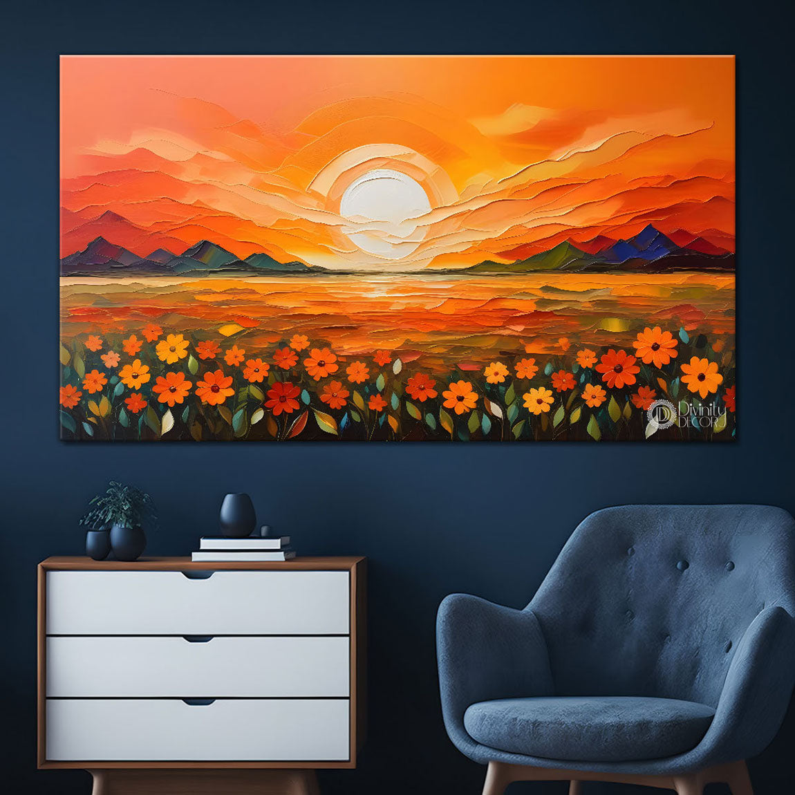 Mountains with flowers and sunset painting Canvas Painting - Nature Art -233