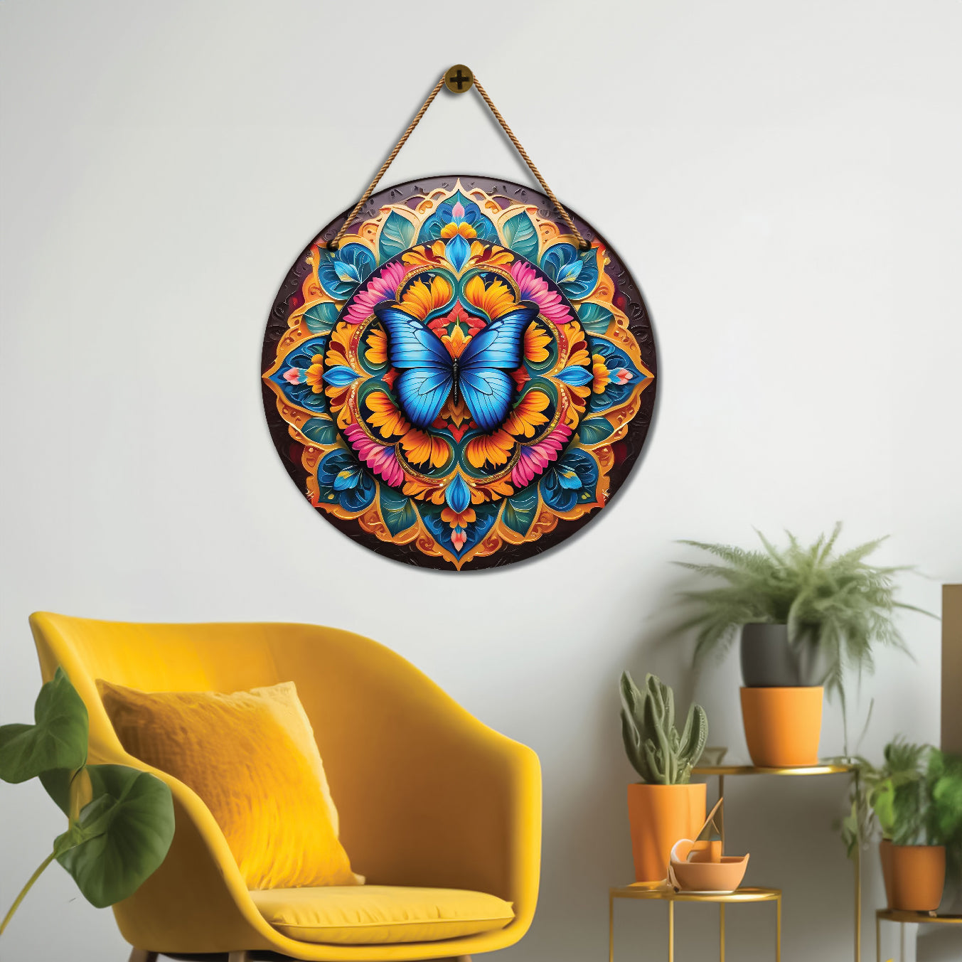 Butterfly in blue and yellow mandala Round Wooden Wall Hanging for wall Décor - Design - 233