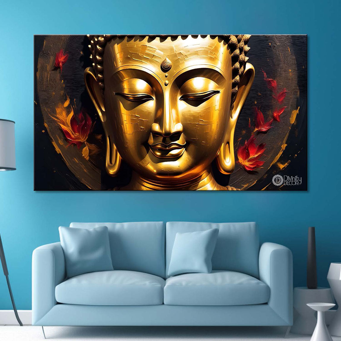 Golden buddha with red and dark textured background painting Canvas Wall Painting - Buddha-234