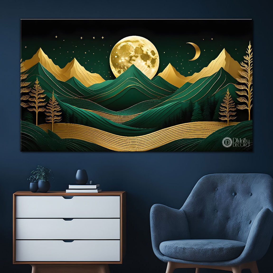 Green mountains with golden moon and trees Canvas Painting - Nature Art -234
