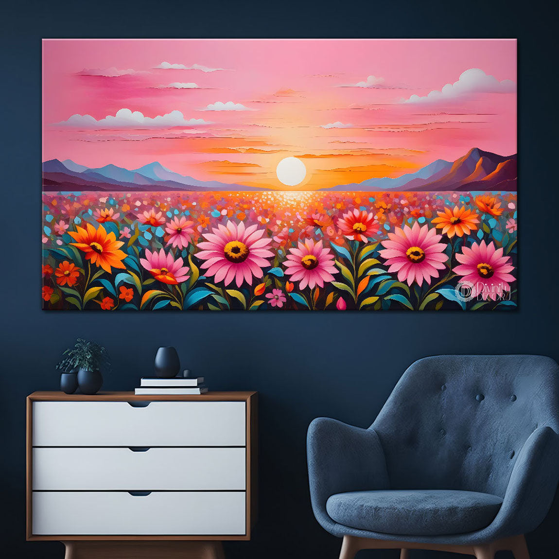Mountains with flower field with pink sky painting Canvas Painting - Nature Art -235