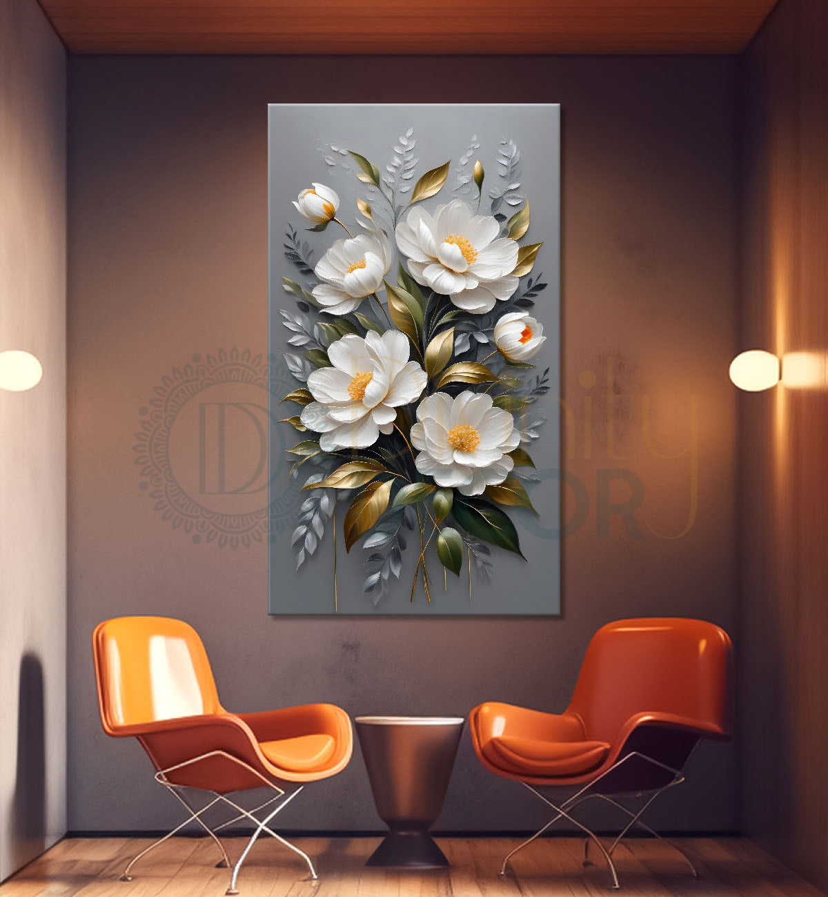 White flowers in grey textured background painting- Flower-V-235