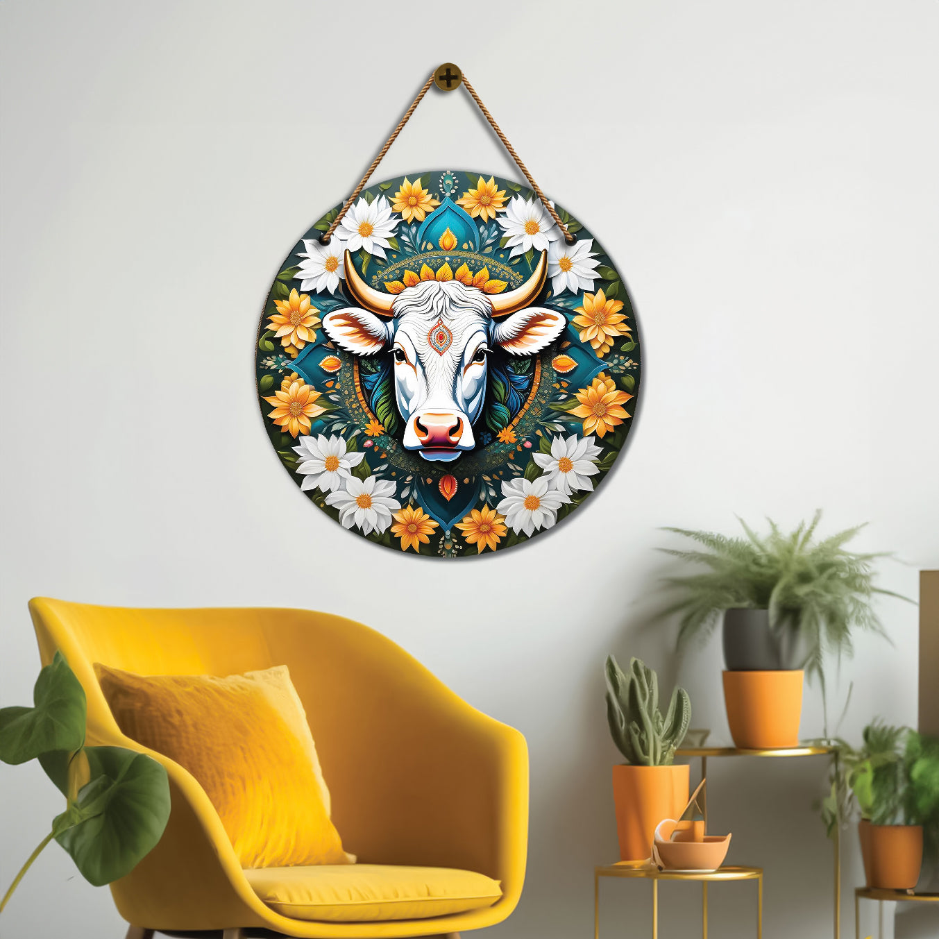 Cow in green and white mandala Round Wooden Wall Hanging for wall Décor - Design - 235
