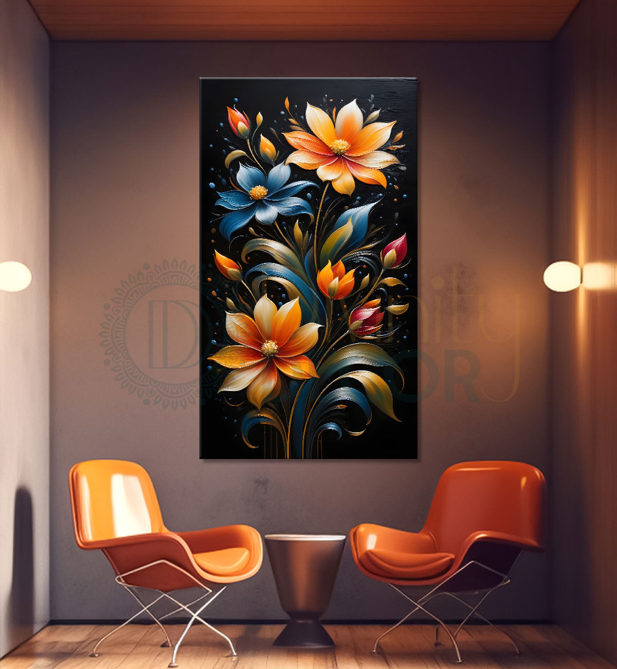Colourful flowers in dark textured painting- Flower-V-236
