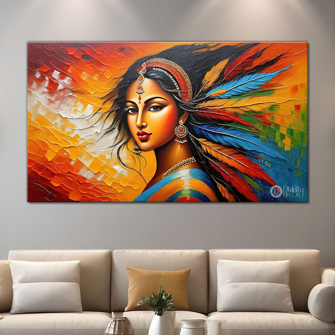 Beautiful lady with colorful feathers textured art Canvas Painting - Design - Modern-L-236