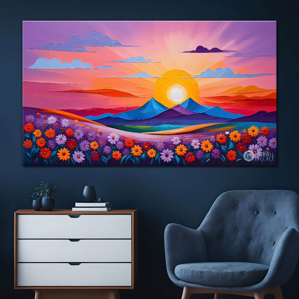 Mountains with flower field with pink sky painting Canvas Painting - Nature Art -236