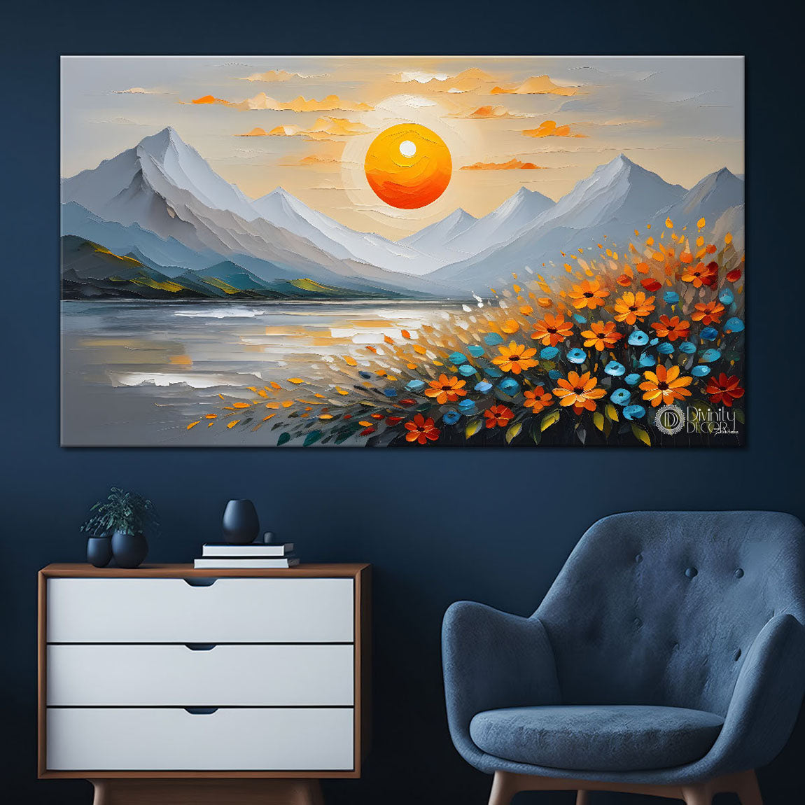 Mountains with flower field with pink sky painting Canvas Painting - Nature Art -237