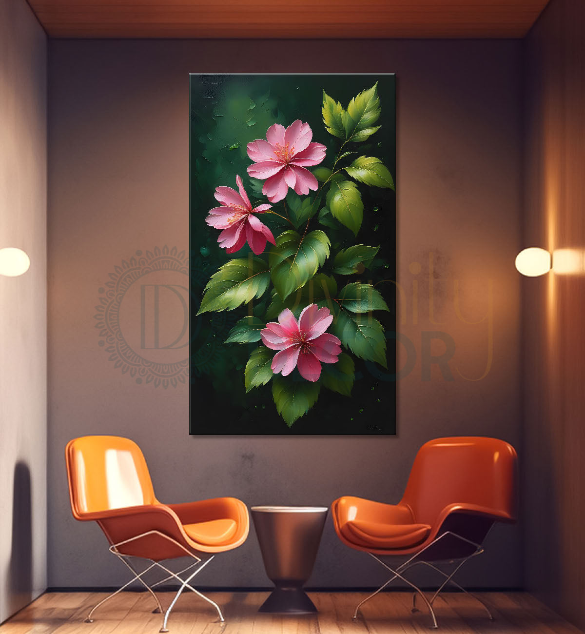 Pink flowers in green textured background painting- Flower-V-237