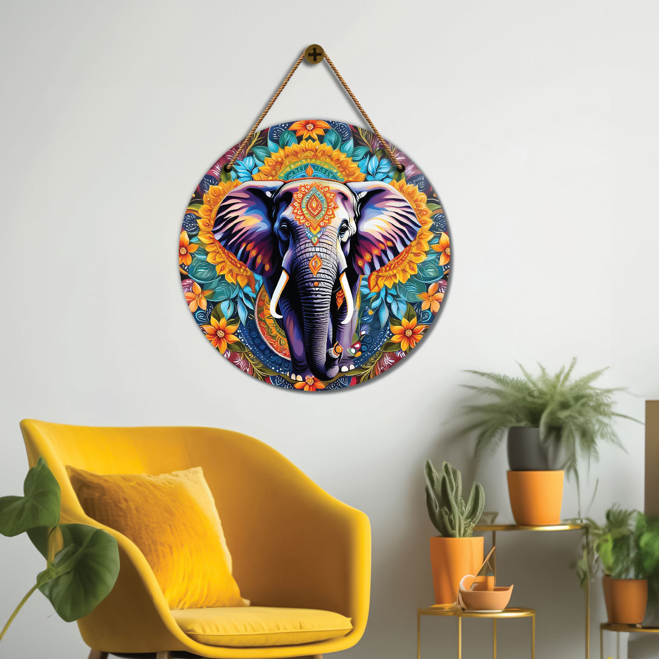 Elephant in green and golden mandala Round Wooden Wall Hanging for wall Décor - Design - 237