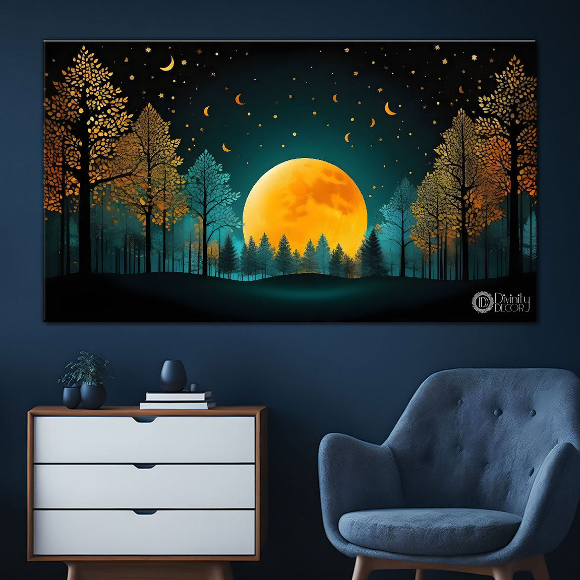 Trees with moon and green background Canvas Painting - Nature Art -238