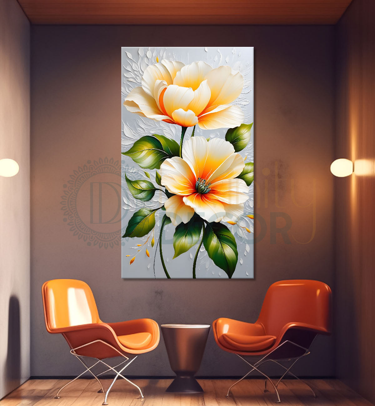 Yellow flowers in grey textured background painting- Flower-V-238