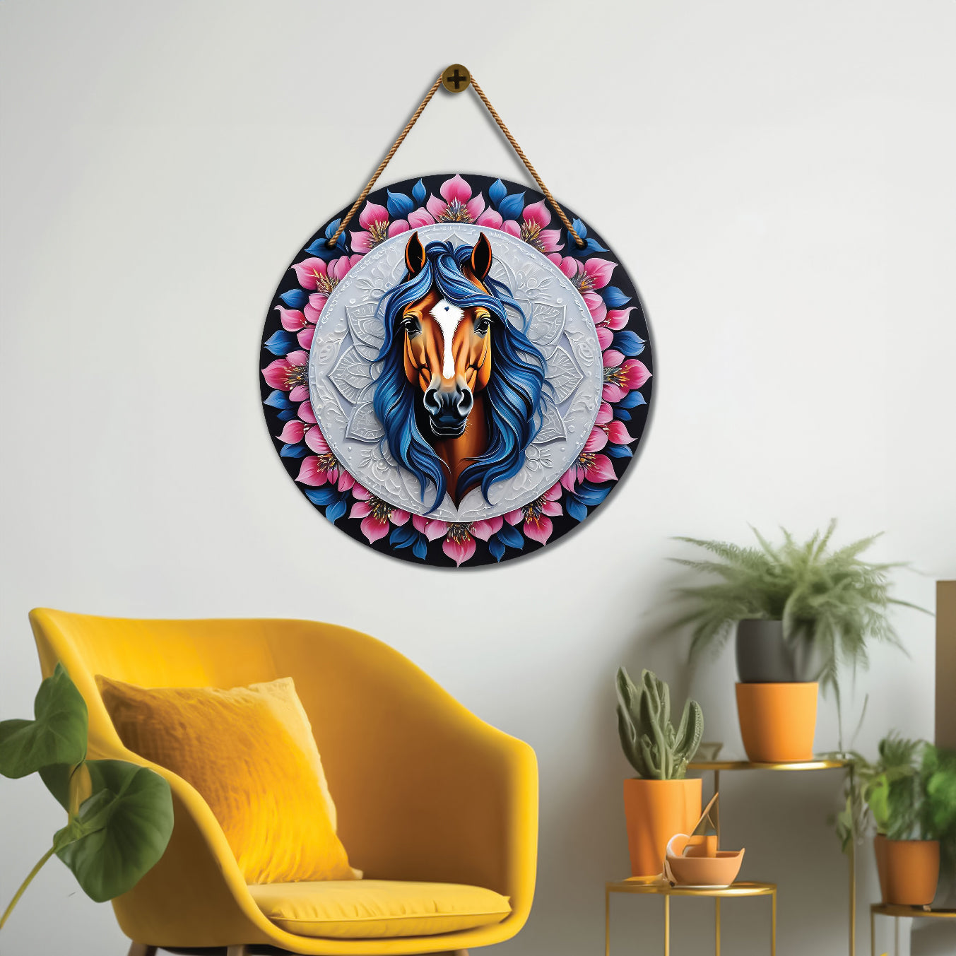 Horse in blue and pink mandala Round Wooden Wall Hanging for wall Décor - Design - 239