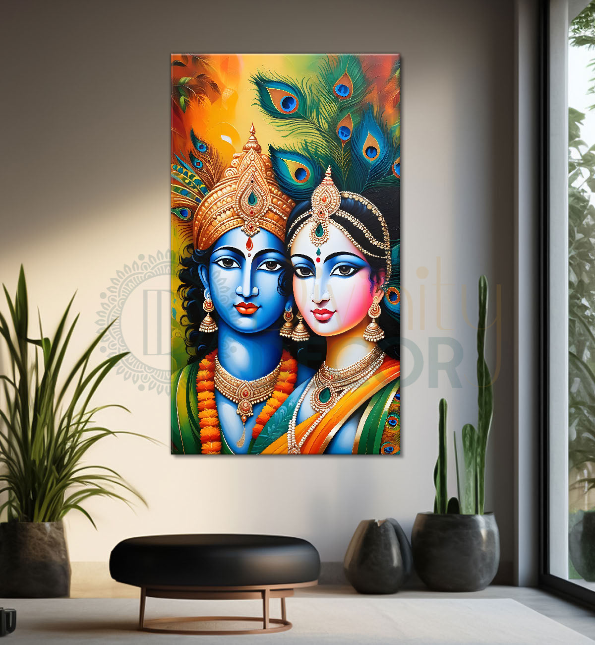 Blue face of krishna with radha in yellow background textured art Canvas Painting - Design - Krishna-V-23