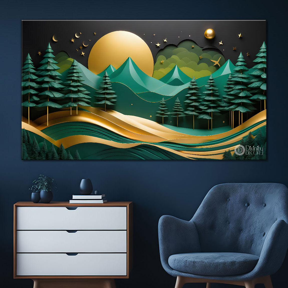 Green mountains with golden moon and trees Canvas Painting - Nature Art -240