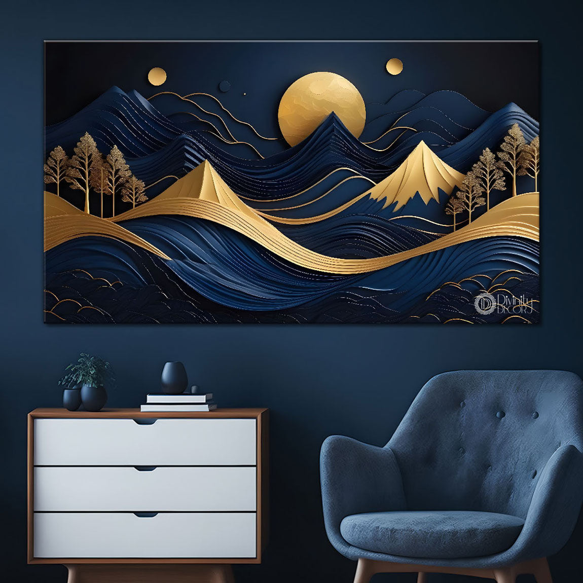 Blue mountains with golden moon and tree Canvas Painting - Nature Art -241