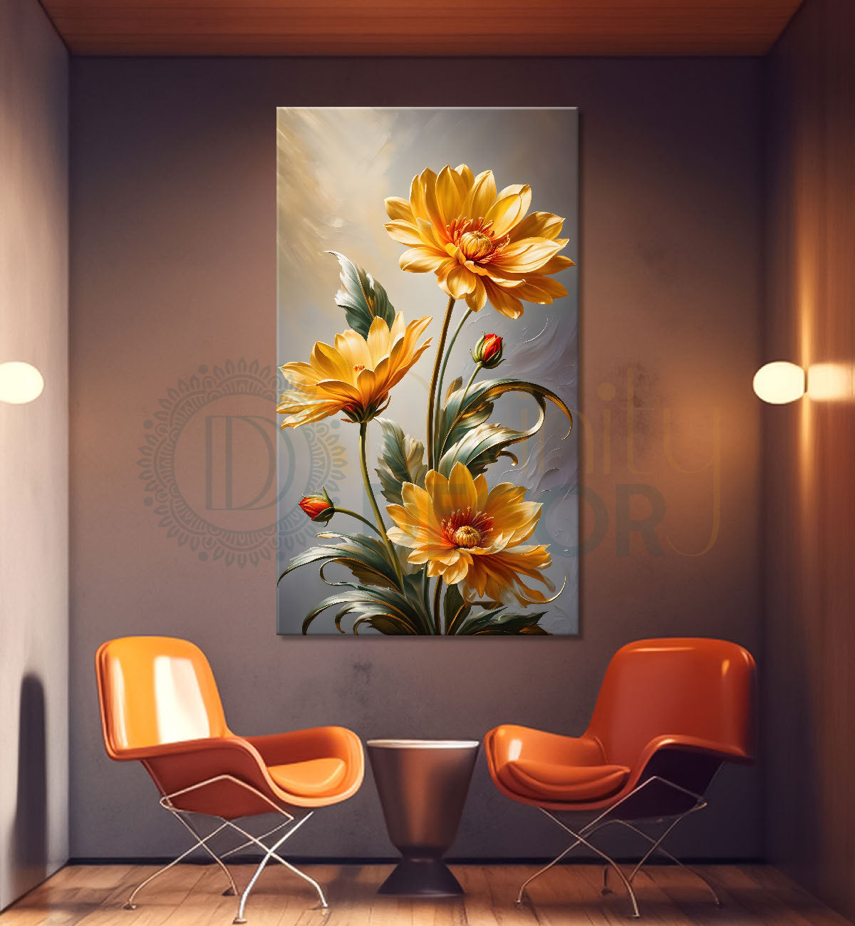 Orange flowers in grey textured background painting- Flower-V-241