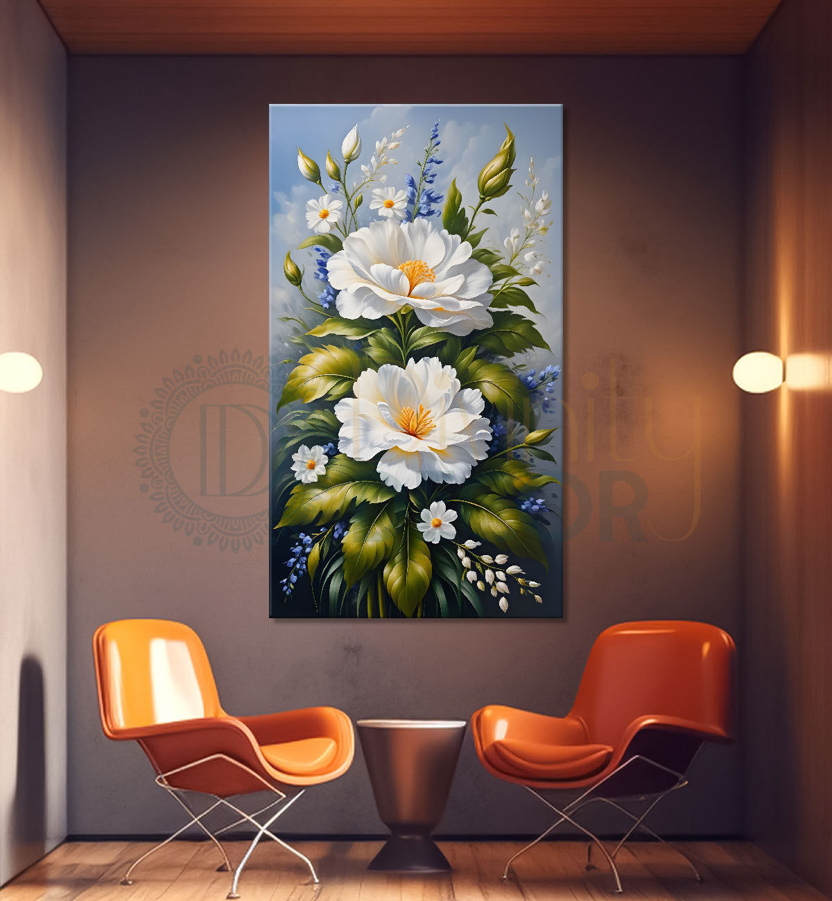 White flowers in blue textured background painting- Flower-V-243