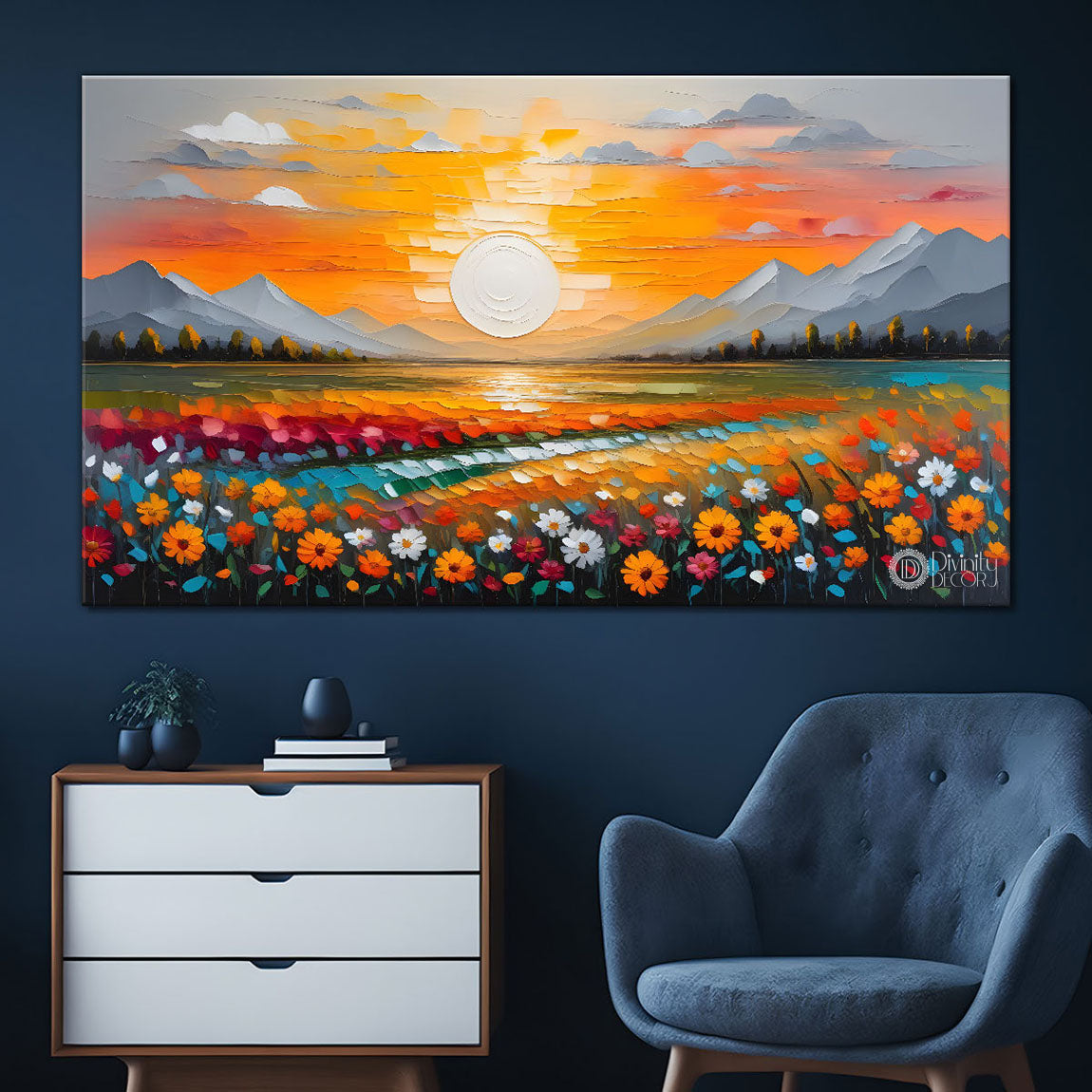 Mountains with flowers and sunset painting Canvas Painting - Nature Art -243