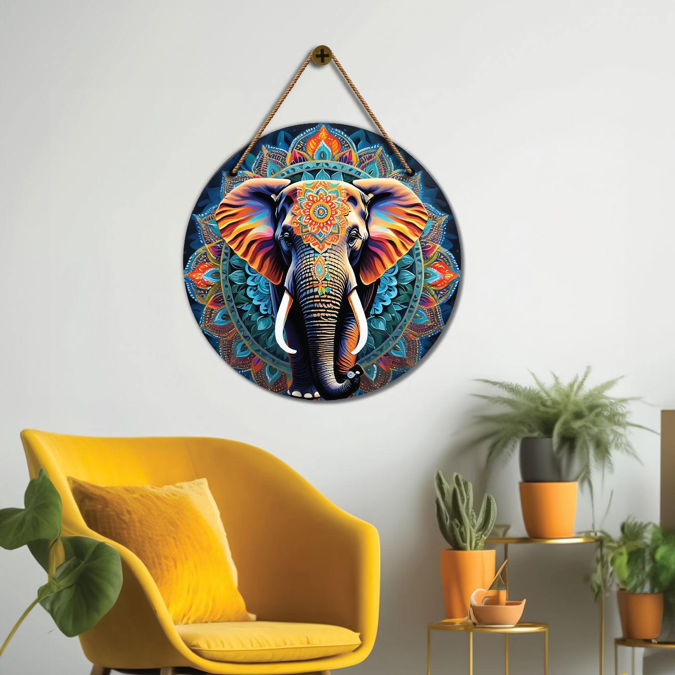 Elephant in blue and orange mandala Round Wooden Wall Hanging for wall Décor - Design - 244