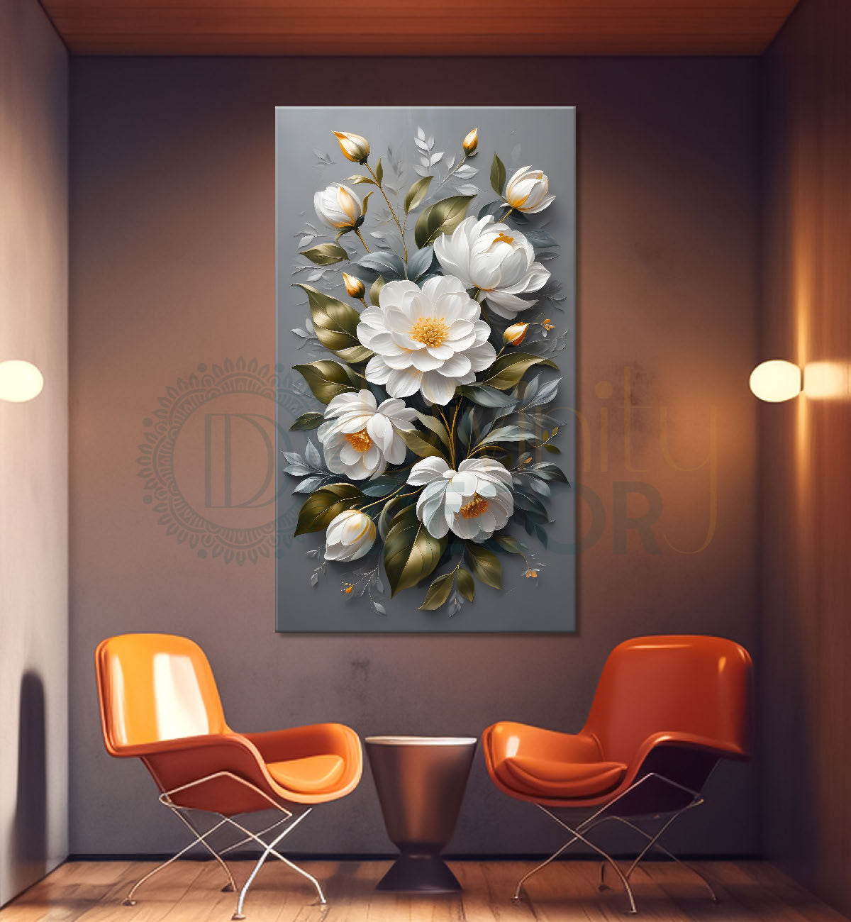White flowers in grey textured background painting- Flower-V-244