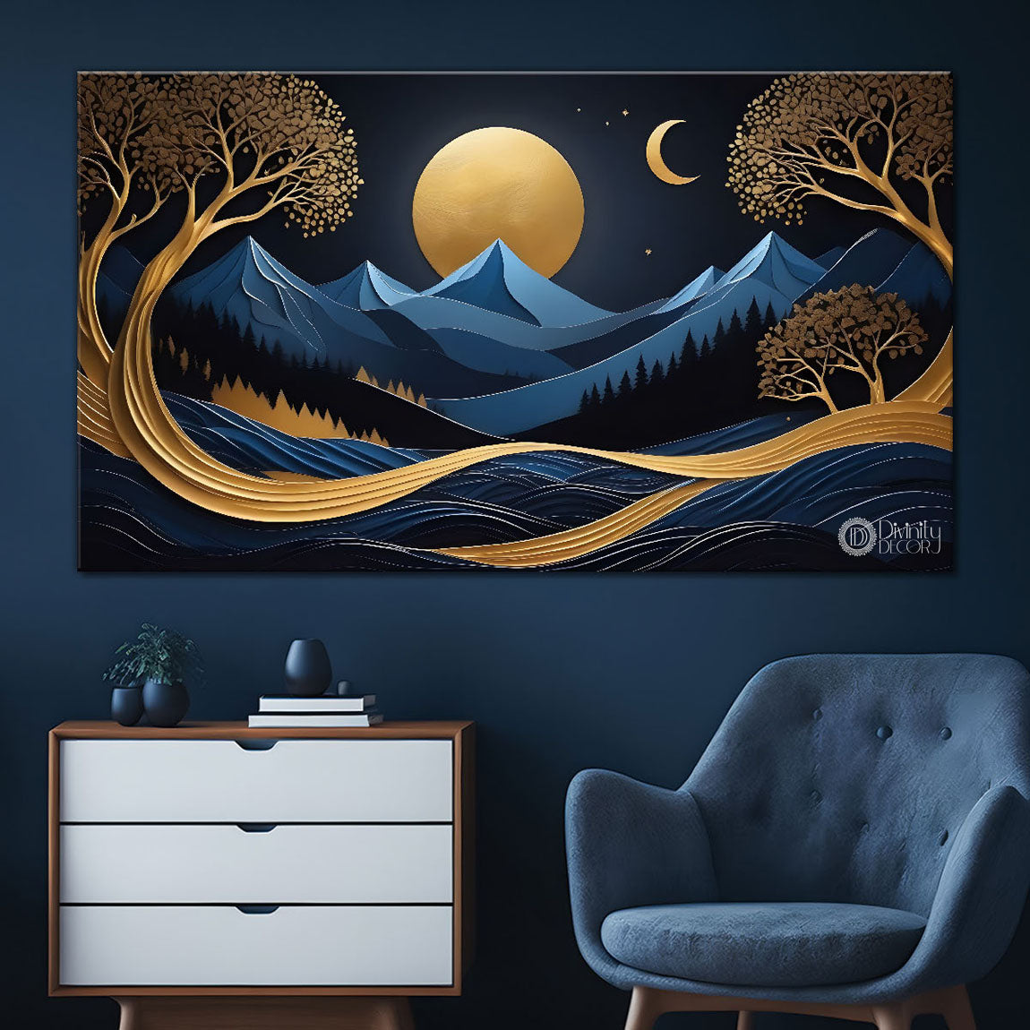 Blue mountains with golden moon and tree Canvas Painting - Nature Art -245