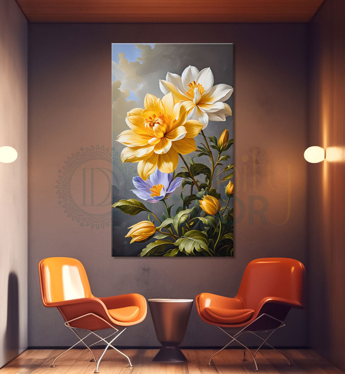 Yellow flowers in grey textured background painting- Flower-V-245